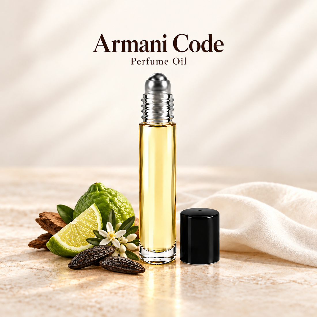 Giorgio Armani Armani Code Perfume Oil with simple scent note accents on soft ivory