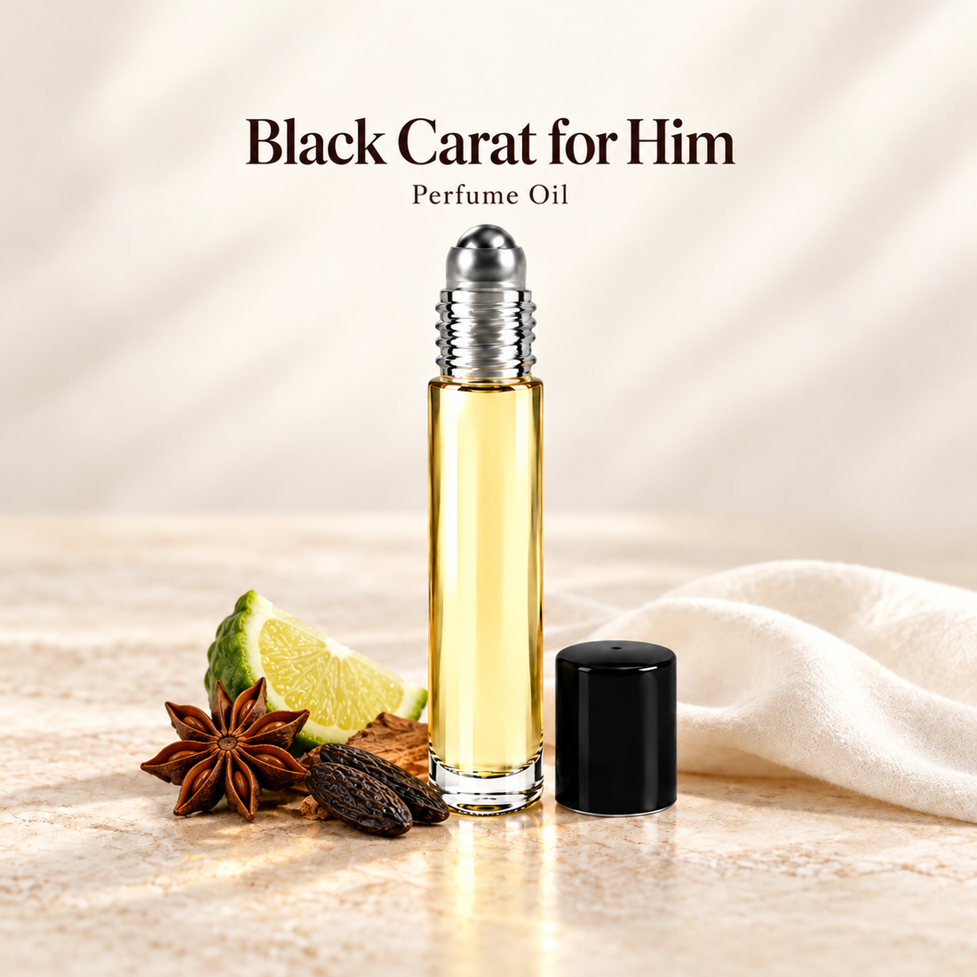 Giorgio Armani Black Carat for Him Perfume Oil with simple scent note accents on soft ivory