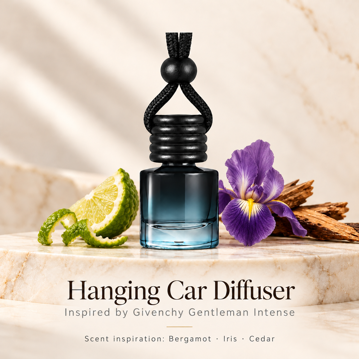 Hanging car diffuser inspired by Givenchy Gentleman Intense, with scent illustrations on warm ivory stone