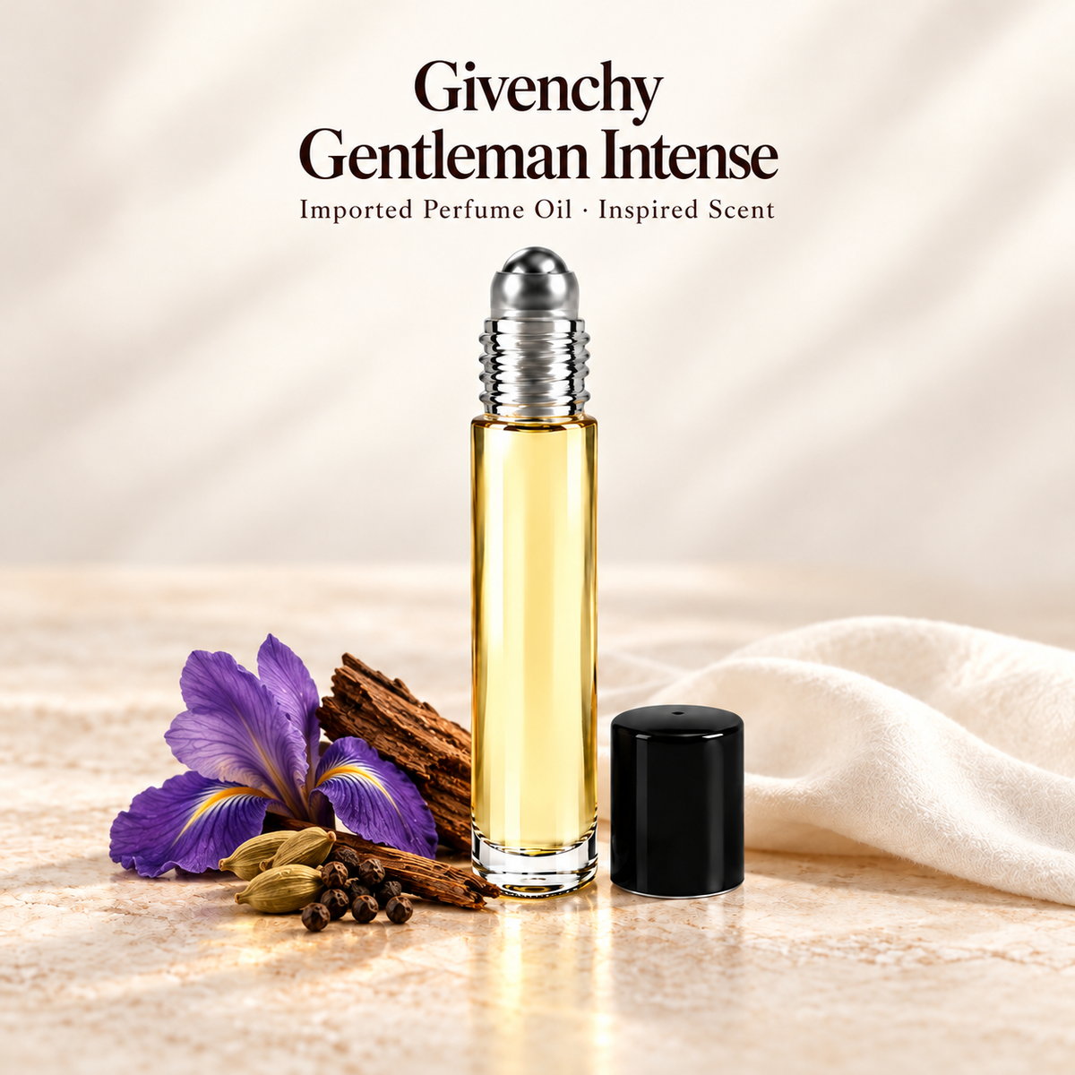 Givenchy Gentleman Intense Perfume Oil with minimal fragrance note accents on soft ivory