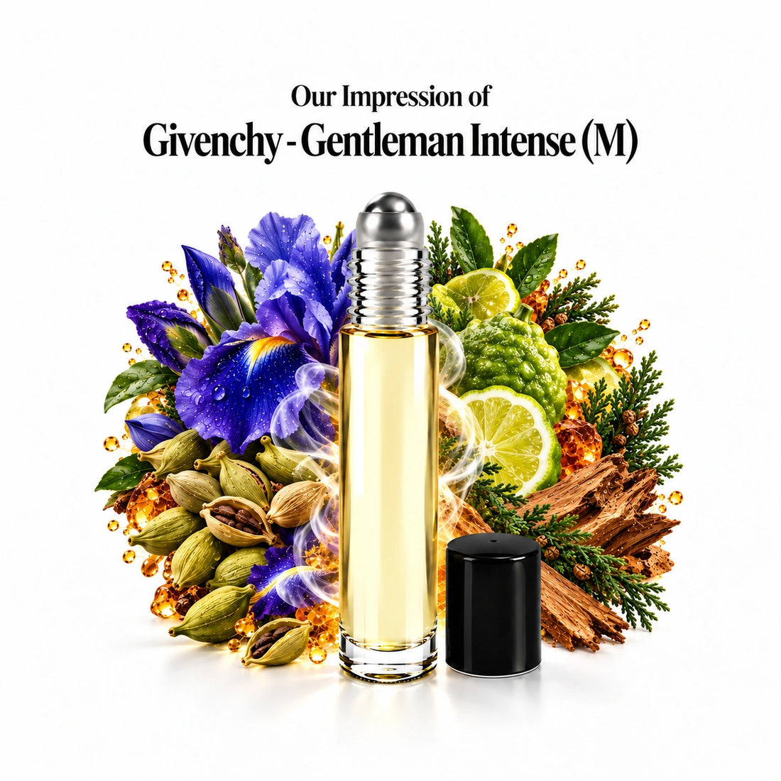 Our impression of Givenchy - Gentleman Intense Perfume Oil centered roll-on and scent-note halo with generous white spacing.