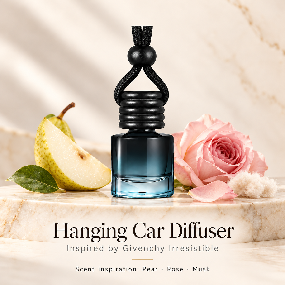 Hanging car diffuser inspired by Givenchy Irresistible, with scent illustrations on warm ivory stone