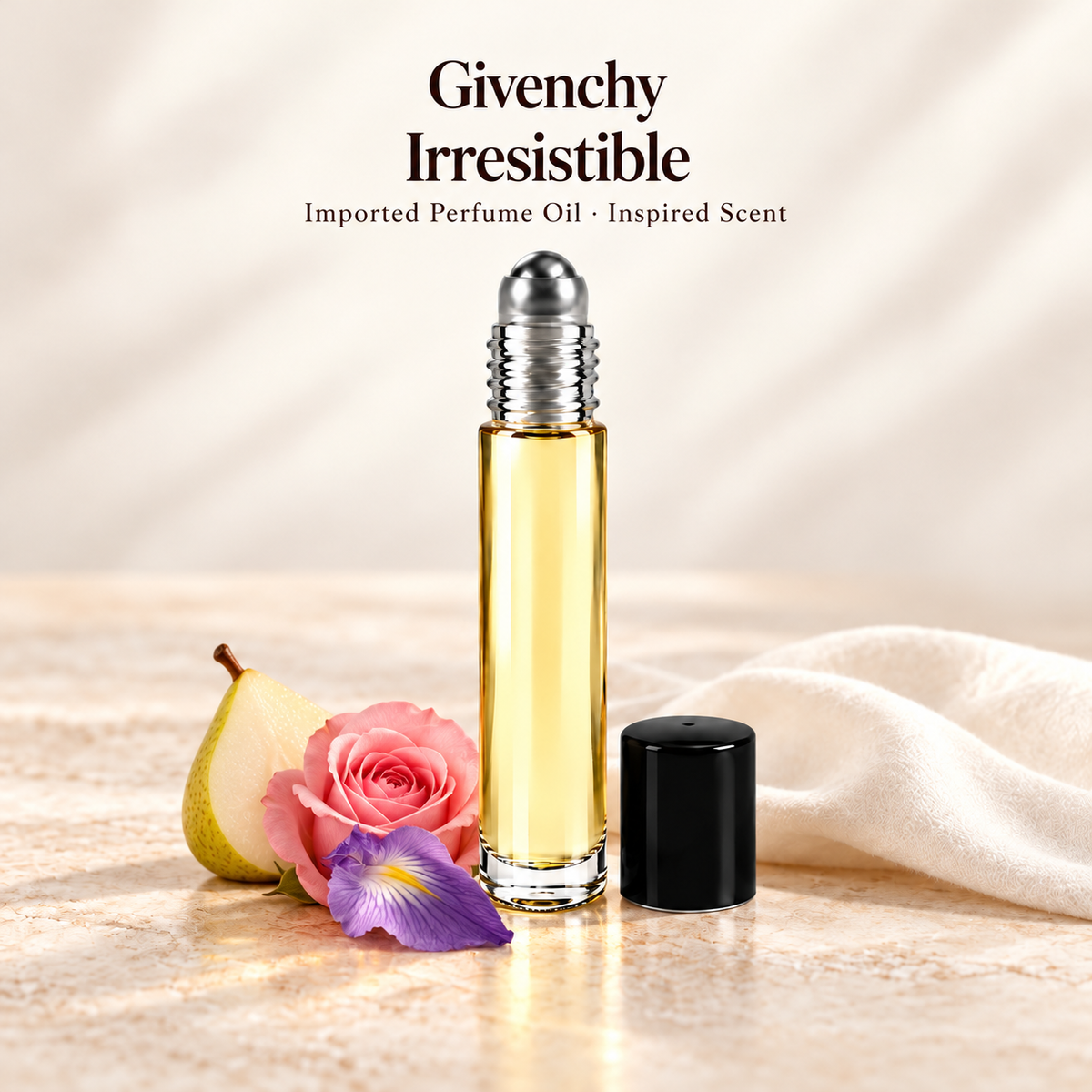 Givenchy Irresistible Perfume Oil with minimal fragrance note accents on soft ivory