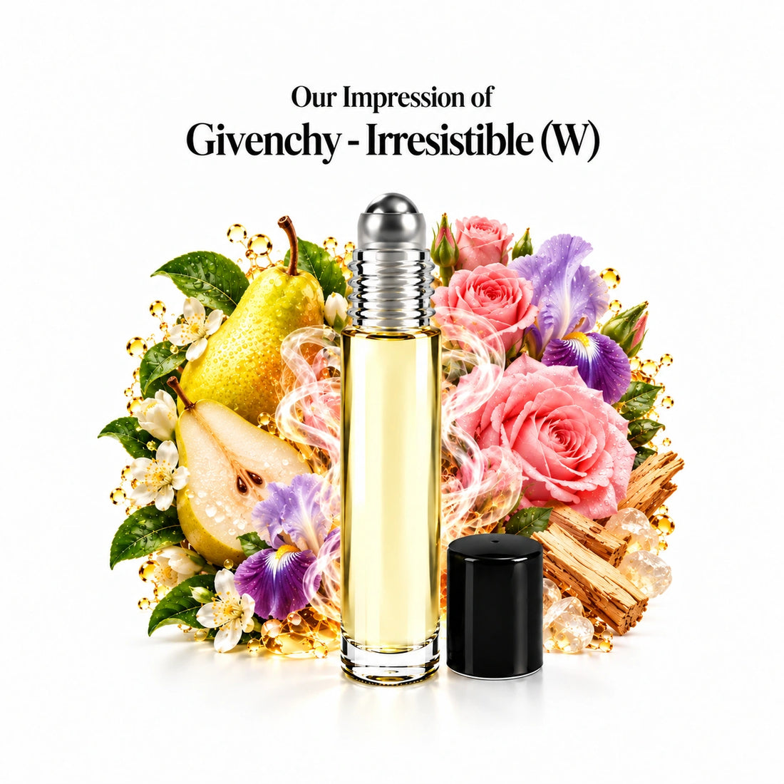 Our impression of Givenchy - Irresistible Perfume Oil centered roll-on and scent-note halo with generous white spacing.