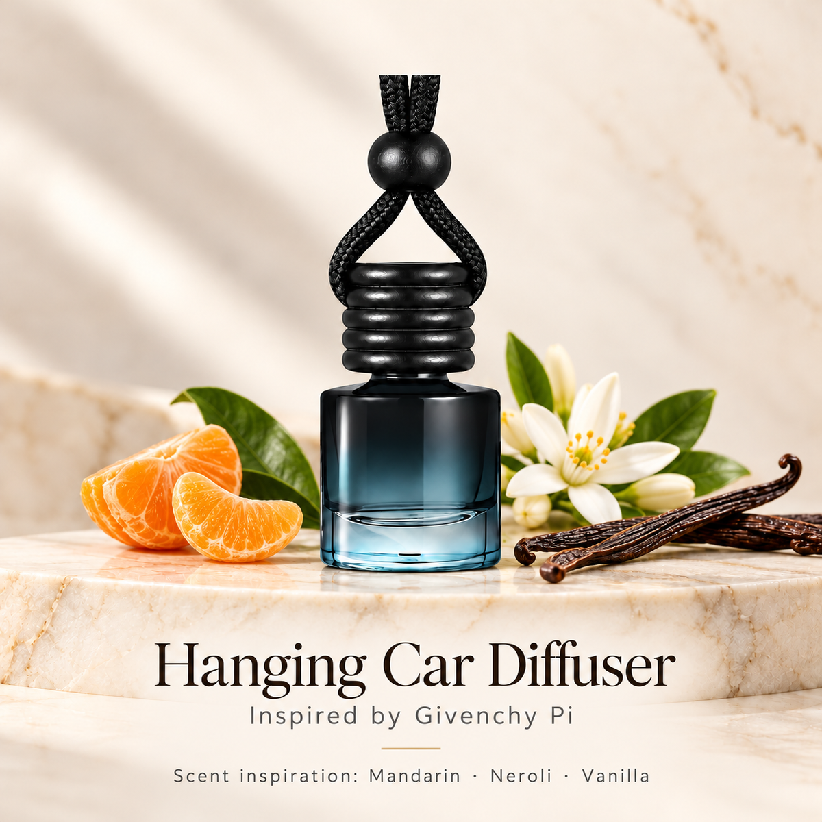 Hanging car diffuser inspired by Givenchy Pi, with scent illustrations on warm ivory stone