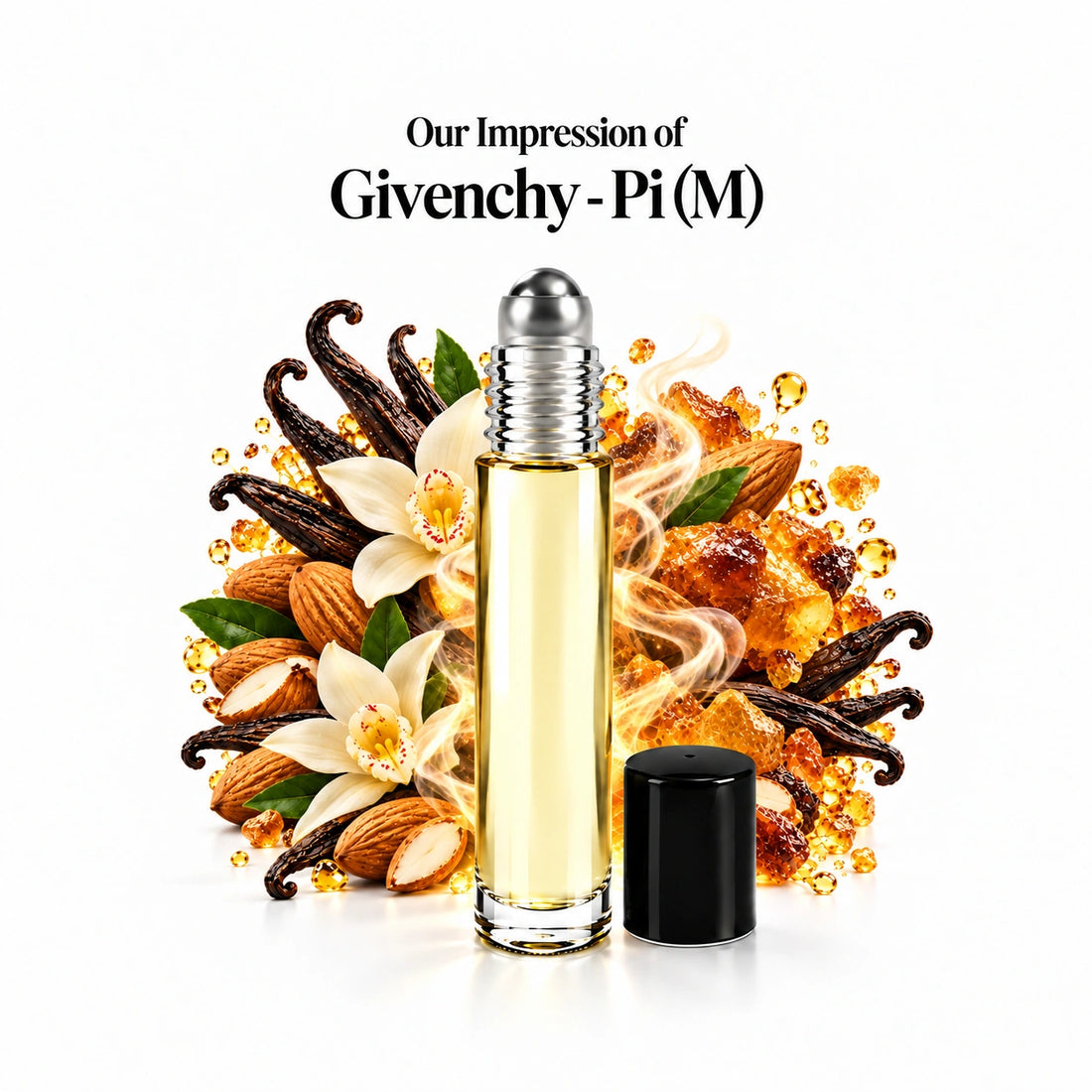 Givenchy Pi perfume oil, centered roll-on bottle with vanilla, almond and warm resin notes, spacious white framing.