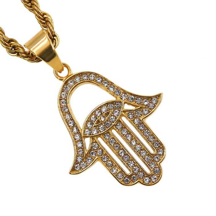 18k Gold Hamsa Evil Eye Pendant Necklace with Cuban Zircons and Stainless Steel Chain by Ancient Infusions – Protective Jewelry.