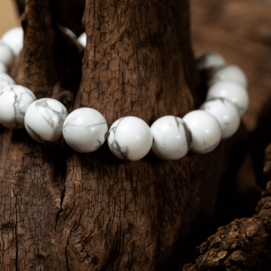 Real Howlite Beaded Elastic Bracelet in White and Blue for Men & Women.