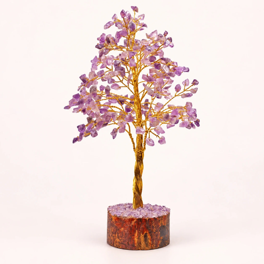 Amethyst Crystal Tree Gold Wire on a soft ivory background; view 1.