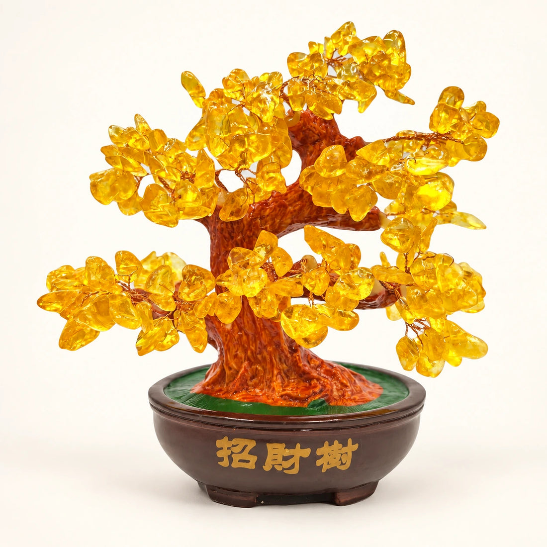 Citrine Bonsai Crystal Tree 10 inch on a soft ivory background; view 1.