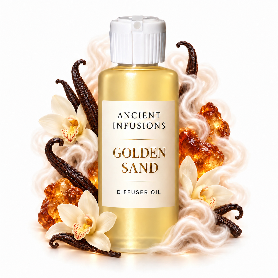 Golden Sand Diffuser Oil by Ancient Infusions with golden oil, white cap and matching scent artwork