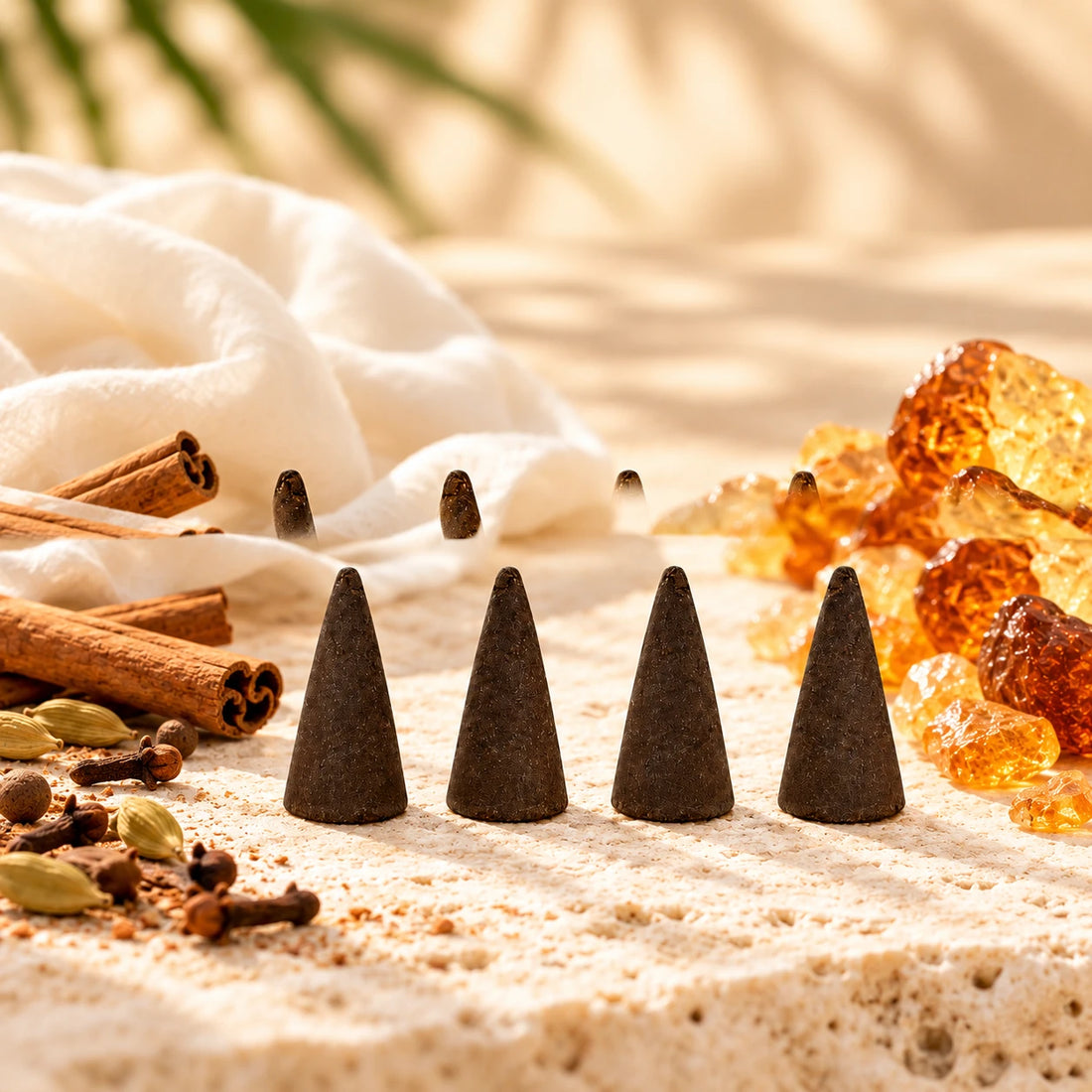 Golden Sand Incense Cones on cream stone.