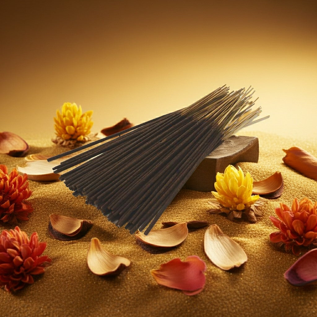 Golden Sand Incense Sticks with a pink ribbon on a sand-like surface with dried flowers.