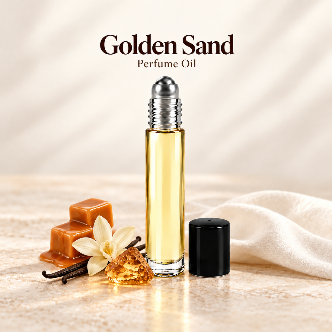 Golden Sand Perfume Oil with simple scent note accents on soft ivory