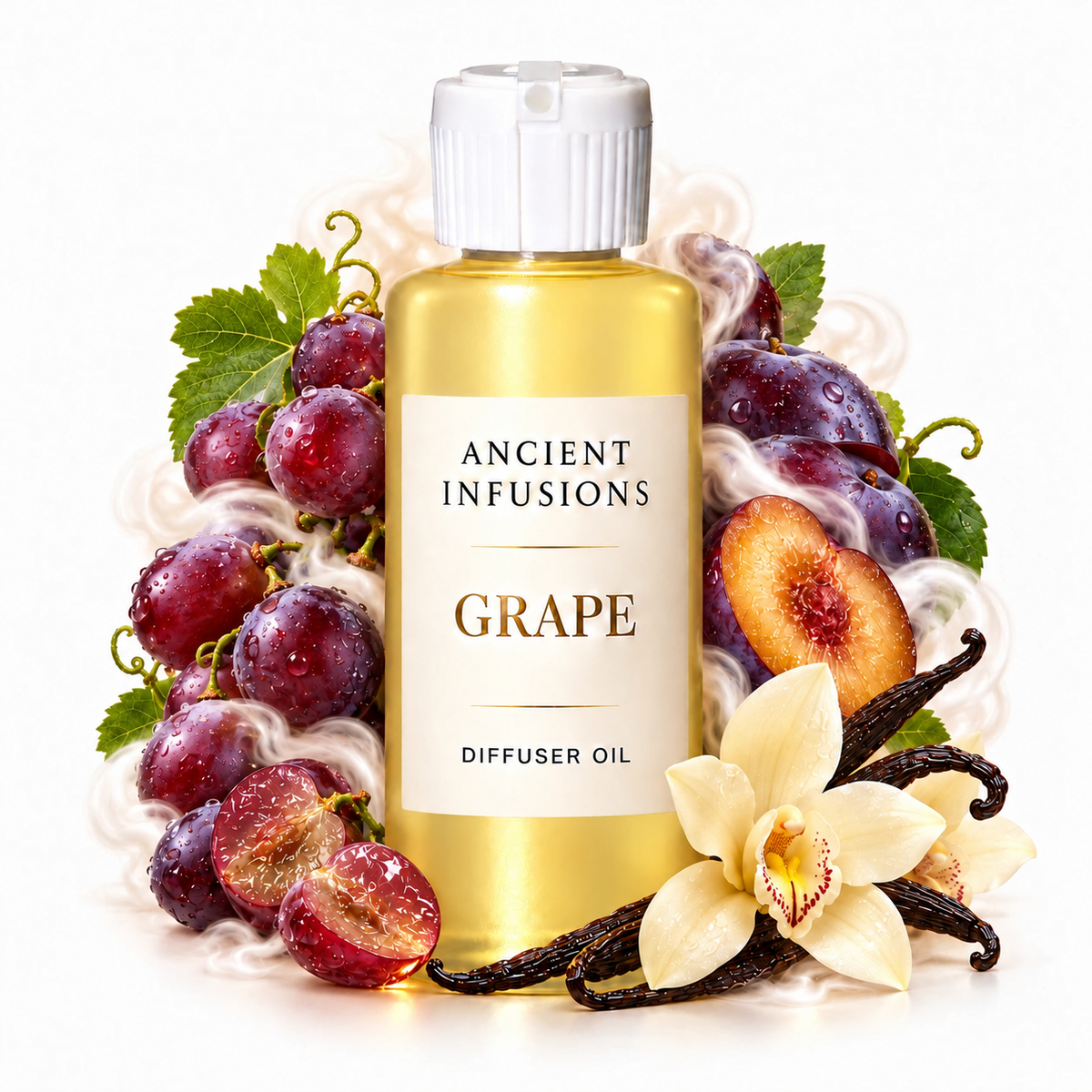 Grape Diffuser Oil by Ancient Infusions with golden oil, white cap and matching scent artwork