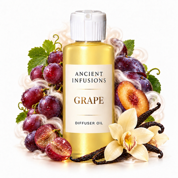 Grape Diffuser Oil by Ancient Infusions with golden oil, white cap and matching scent artwork