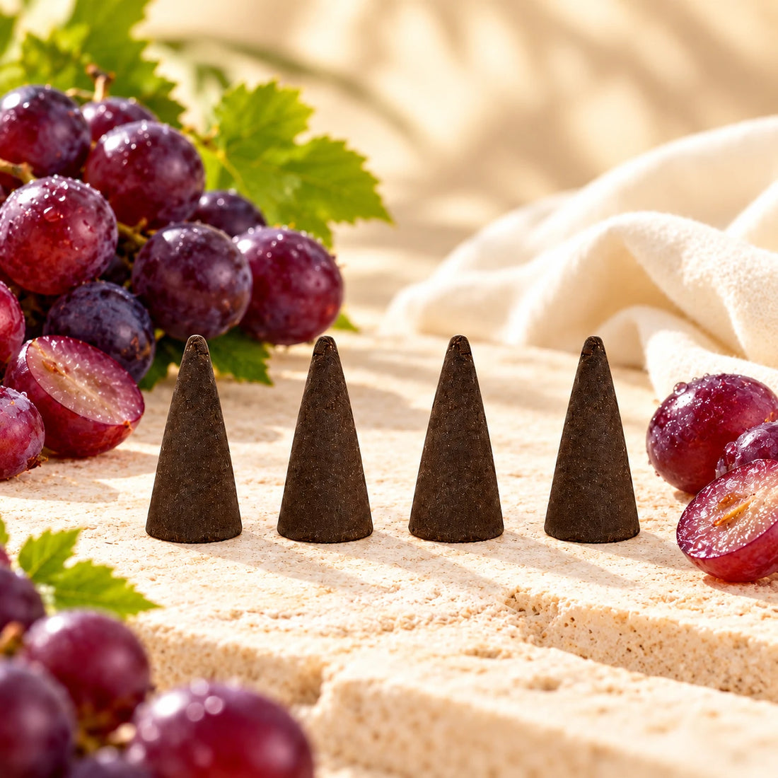 Grape Incense Cones on cream stone.