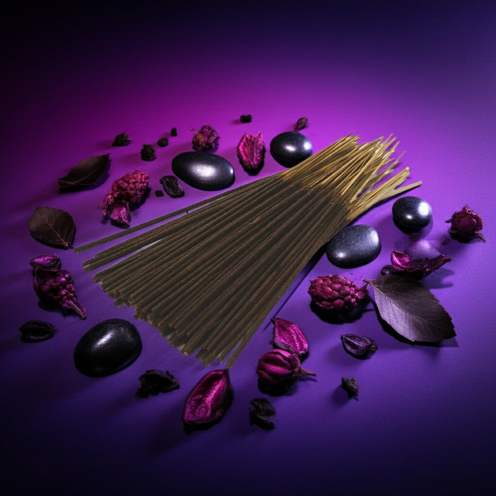 Grape Incense Sticks with a red ribbon, stones, and purple petals on a purple background