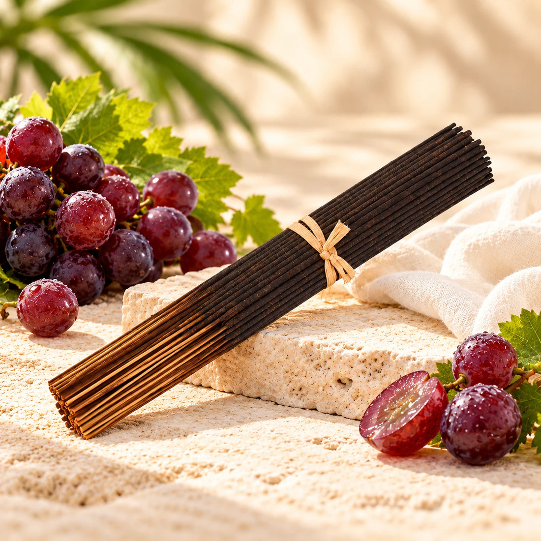 Grape Incense Sticks on cream stone.