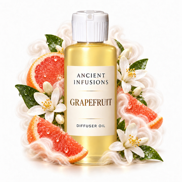 Grapefruit Diffuser Oil by Ancient Infusions with golden oil, white cap and matching scent artwork