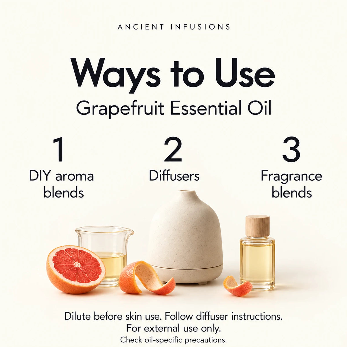 Grapefruit Essential Oil uses: DIY aroma blends, diffusers and fragrance blends. Dilute before skin use; follow diffuser instructions; check oil-specific precautions.