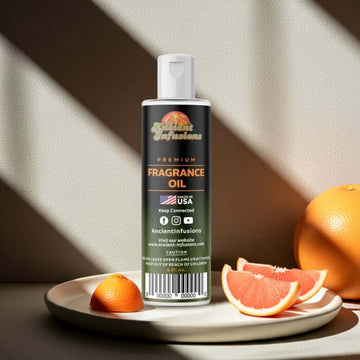 Bottle of Grapefruit Fragrance Oil on a plate with fresh grapefruits, described as zesty and uplifting with pure citrus burst.