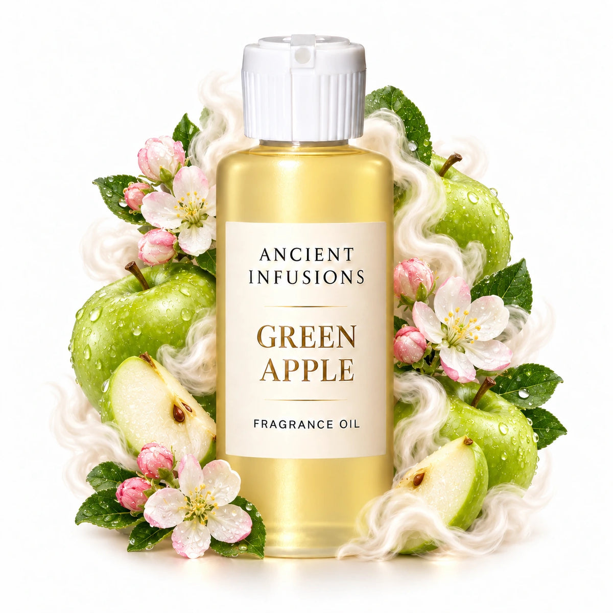 Green Apple fragrance oil by Ancient Infusions, with pale yellow oil and a tight halo representing crisp green apple, apple blossom, soft musk.