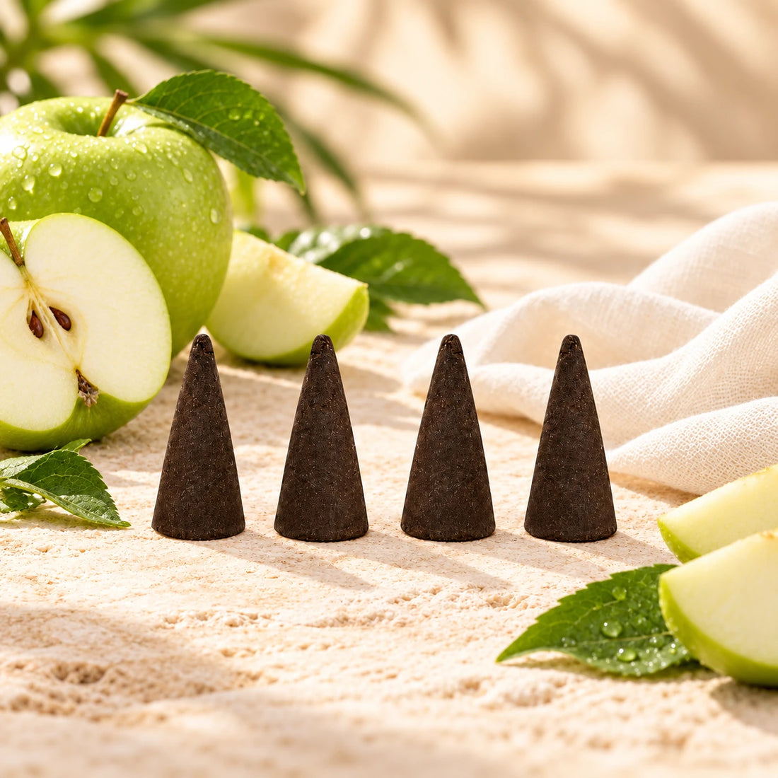 Green Apple Incense Cones on cream stone.
