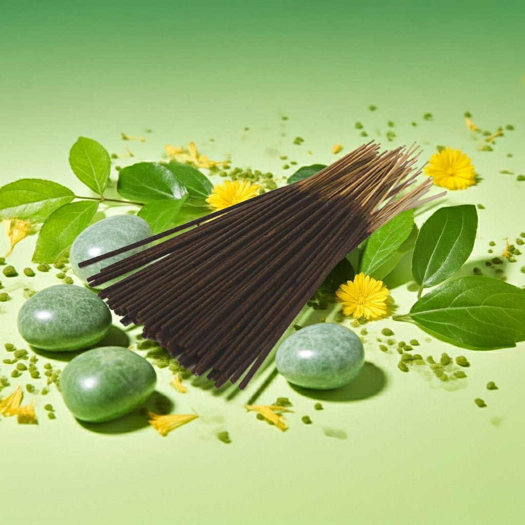Green Apple Incense Sticks with a pink label on a green background with stones and leaves