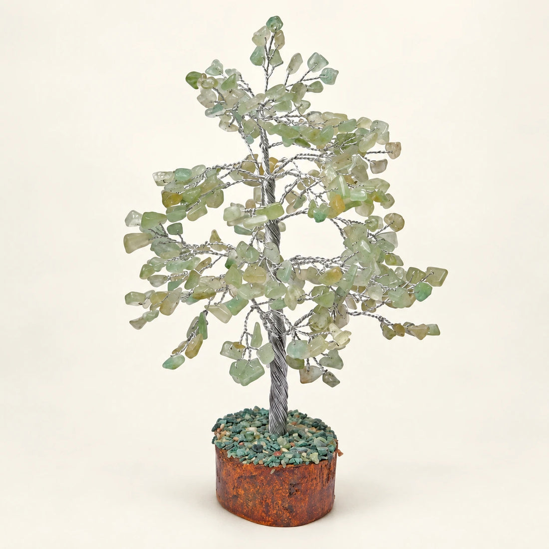 Green Aventurine Crystal Tree Silver Wire on a soft ivory background; view 1.