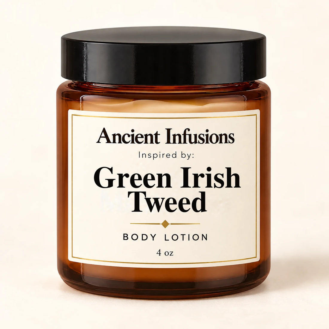 Green Irish Tweed Inspired Body Lotion by Ancient Infusions — 4 oz amber glass jar
