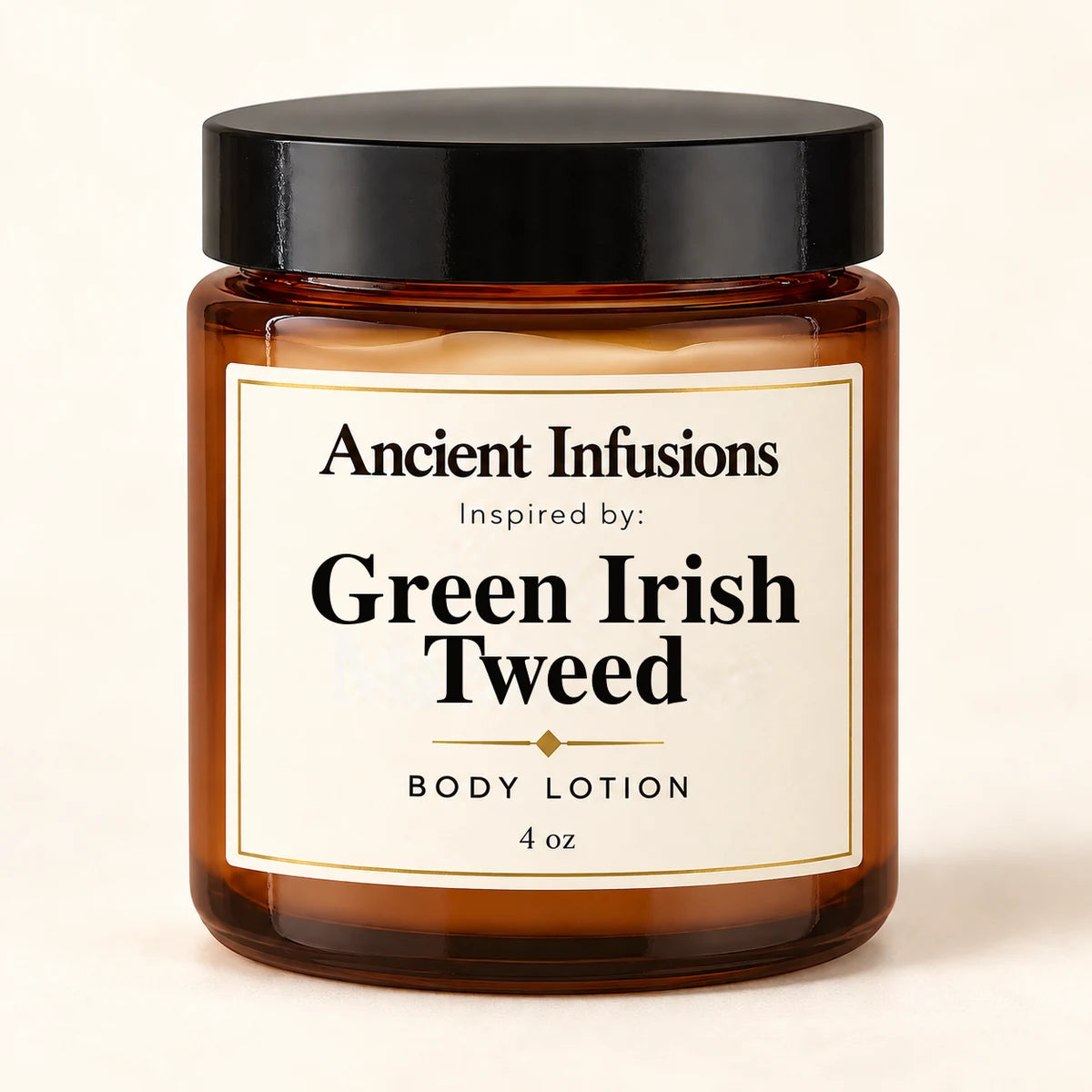Green Irish Tweed Inspired Body Lotion by Ancient Infusions — 4 oz amber glass jar