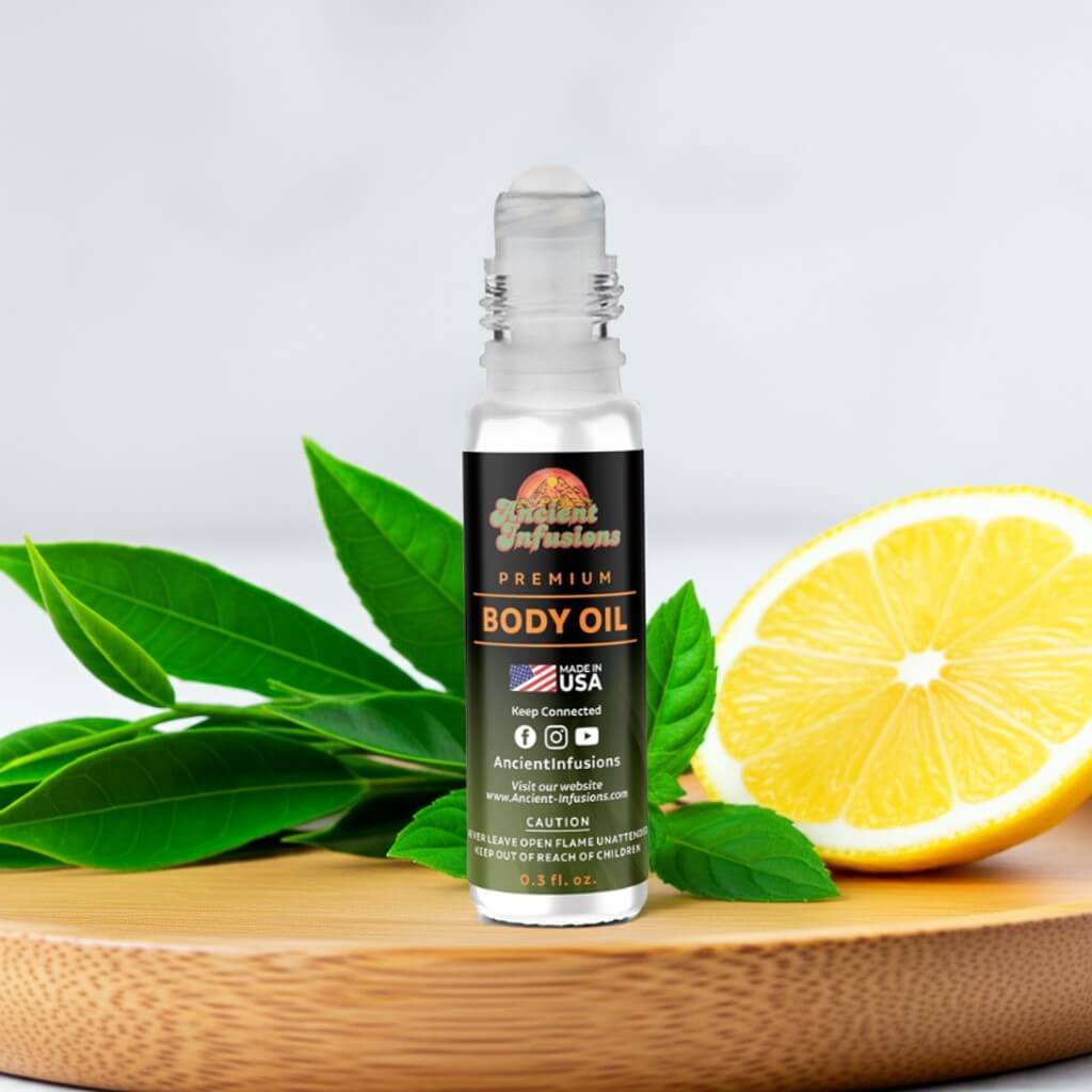 Green Tea Body Oil - Pure & Uncut with lemon and green leaves