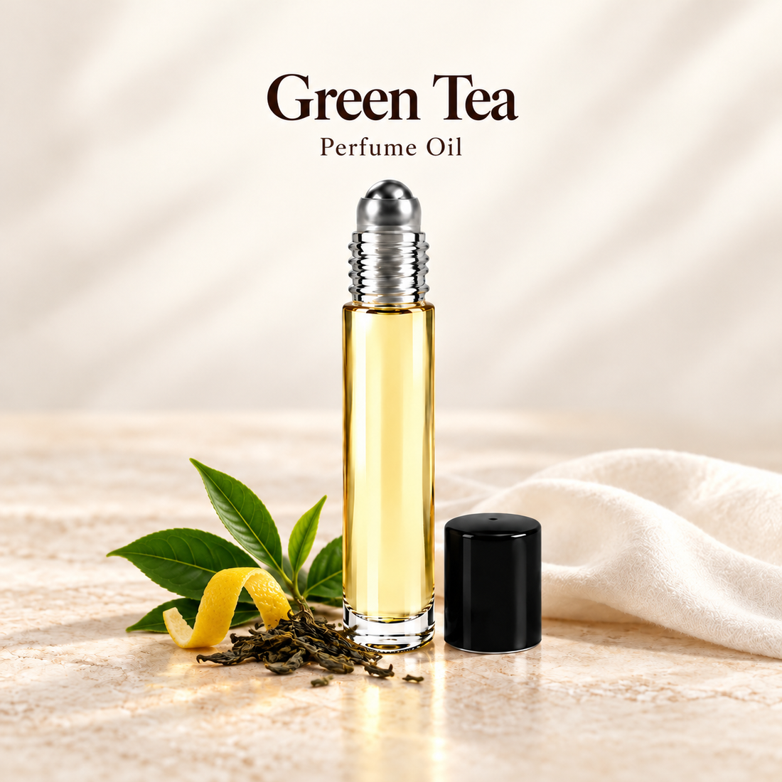 Green Tea Perfume Oil with simple scent note accents on soft ivory