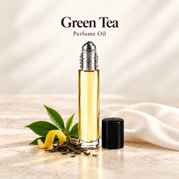 Green Tea Perfume Oil with simple scent note accents on soft ivory