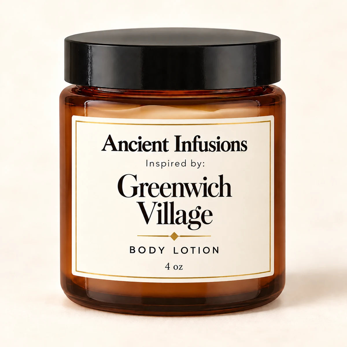Greenwich Village Inspired Body Lotion — Ancient Infusions 4 oz amber glass jar