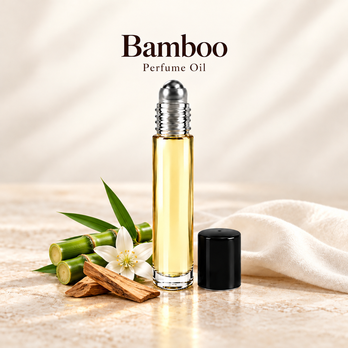 Gucci Bamboo Perfume Oil with simple scent note accents on soft ivory