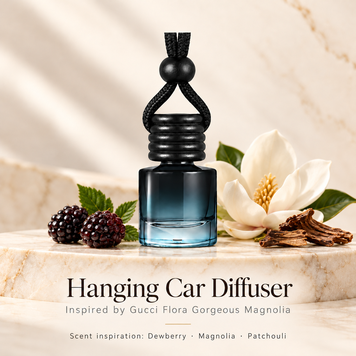 Hanging car diffuser inspired by Gucci Flora Gorgeous Magnolia, with scent illustrations on warm ivory stone