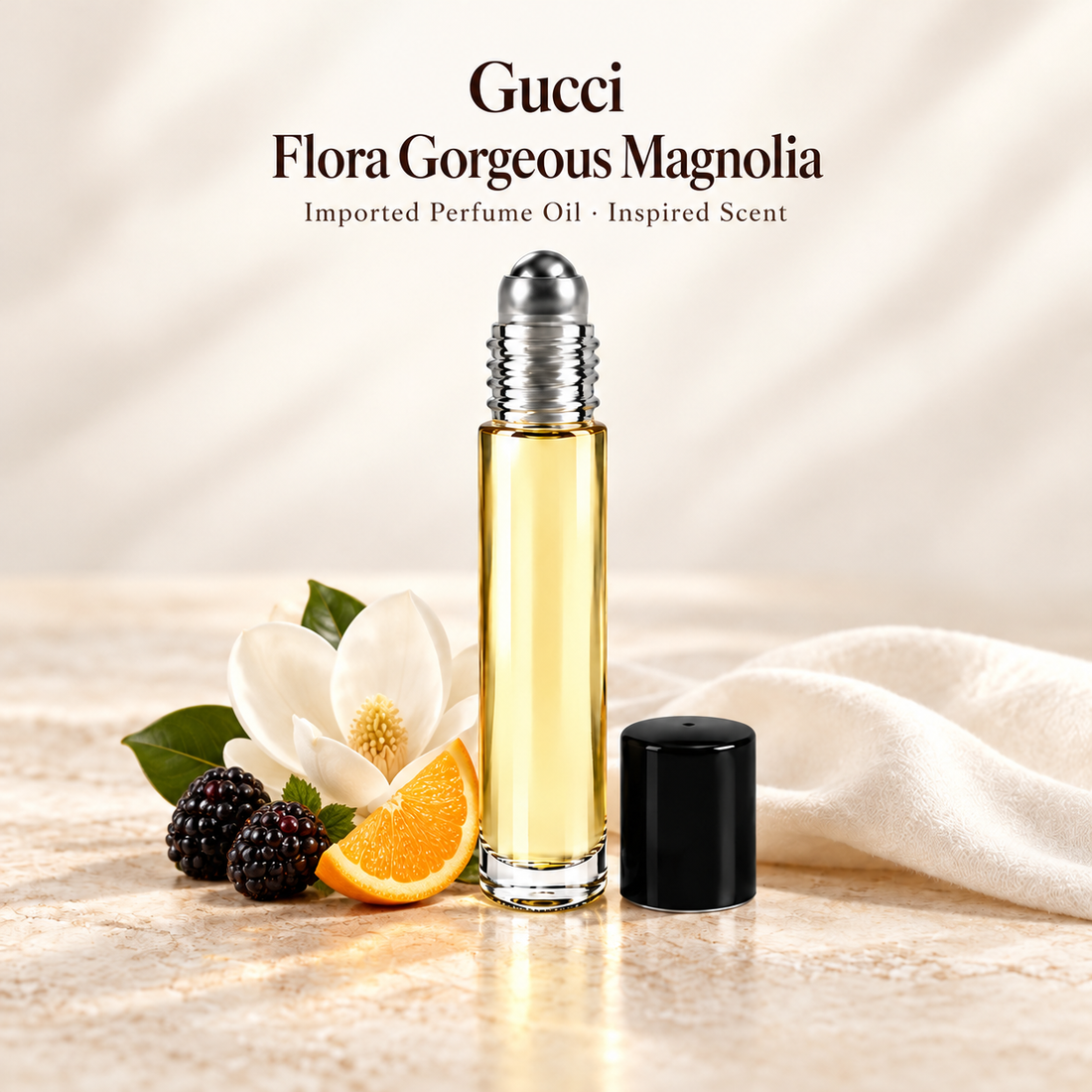 Gucci Flora Gorgeous Magnolia Perfume Oil with minimal fragrance note accents on soft ivory