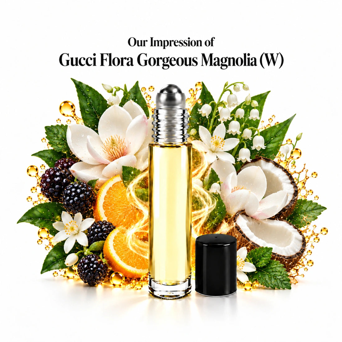 Our impression of Gucci Flora Gorgeous Magnolia perfume oil with fragrance notes on white
