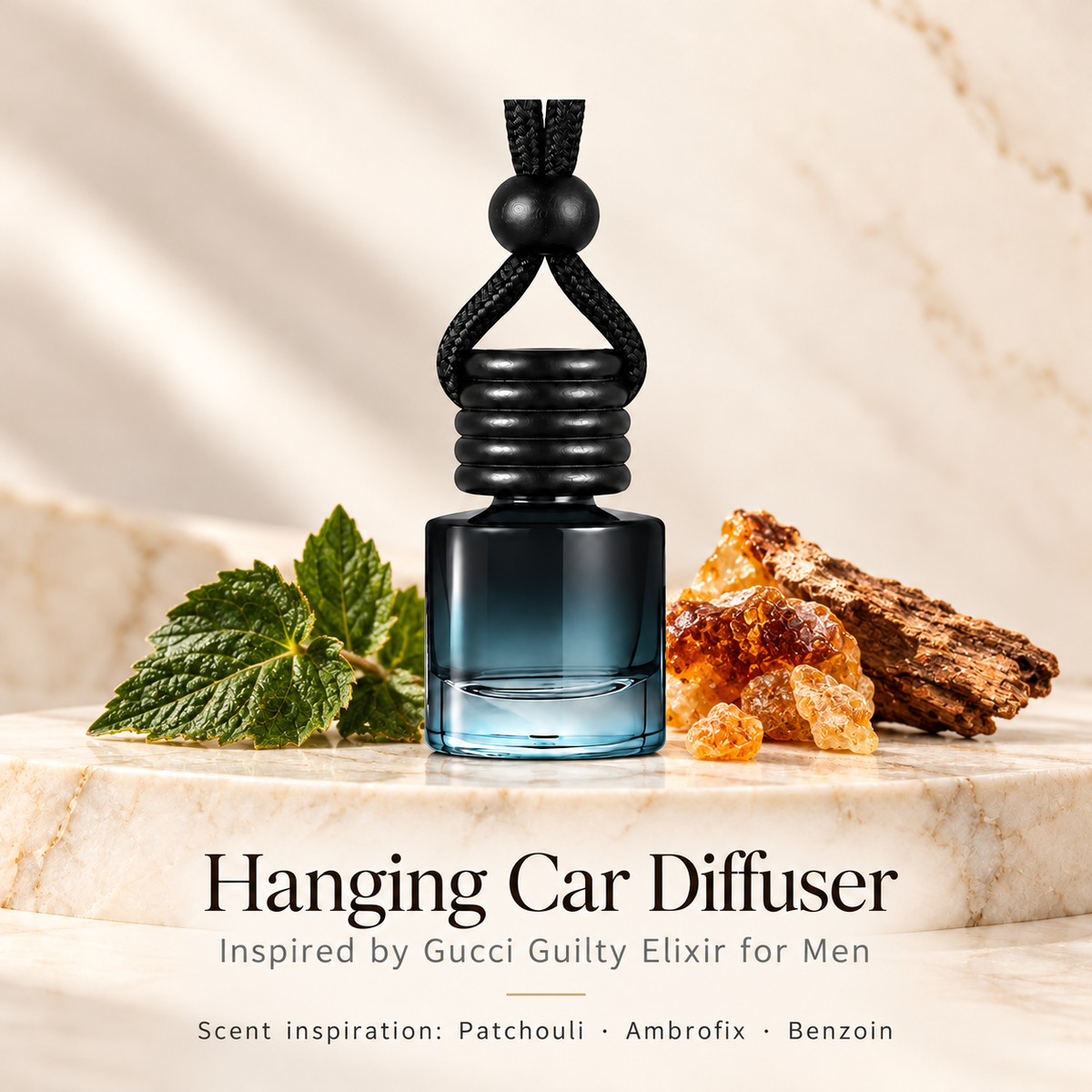 Hanging car diffuser inspired by Gucci Guilty Elixir for Men, with scent illustrations on warm ivory stone