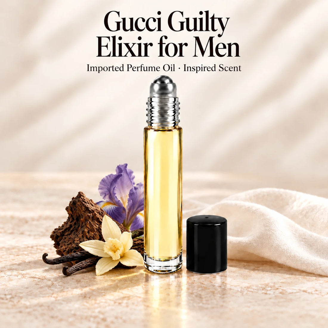Gucci Guilty Elixir for Men Perfume Oil in a slim glass roll-on bottle with a silver roller and black cap on an ivory stone surface.