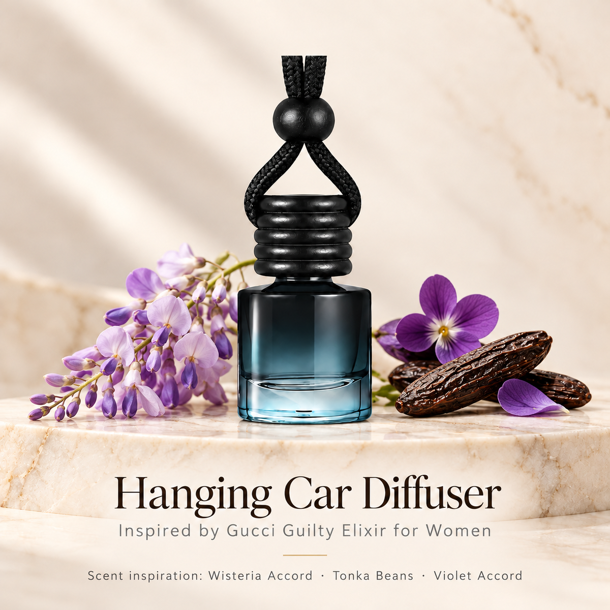 Hanging car diffuser inspired by Gucci Guilty Elixir for Women, with scent illustrations on warm ivory stone