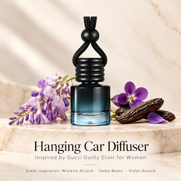 Hanging car diffuser inspired by Gucci Guilty Elixir for Women, with scent illustrations on warm ivory stone