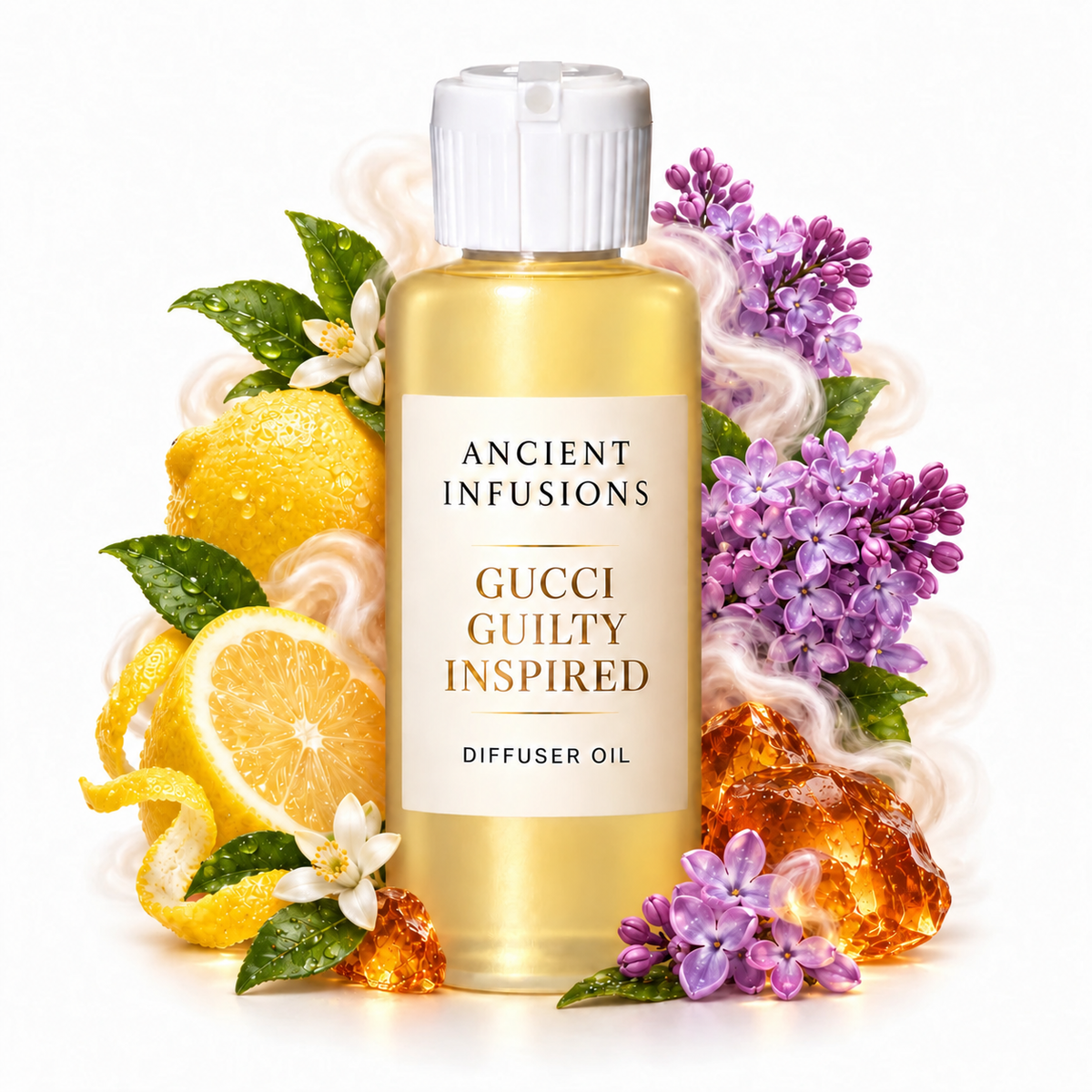 Gucci Guilty Inspired Diffuser Oil by Ancient Infusions with golden oil, white cap and matching scent artwork