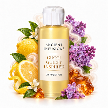 Gucci Guilty Inspired Diffuser Oil by Ancient Infusions with golden oil, white cap and matching scent artwork