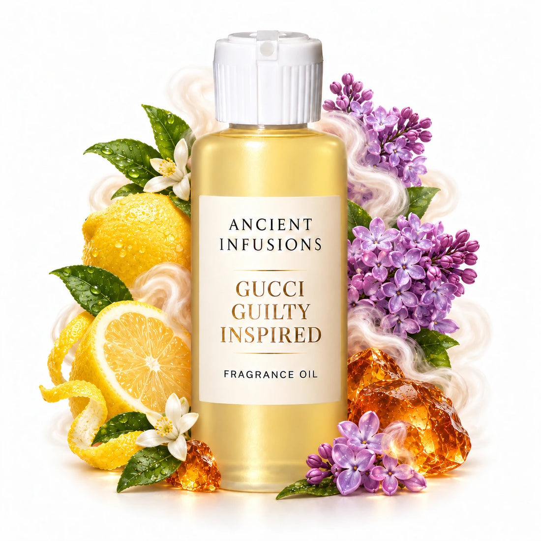 Gucci Guilty Inspired fragrance oil by Ancient Infusions, with pale yellow oil and a tight halo representing lemon, lilac, amber.