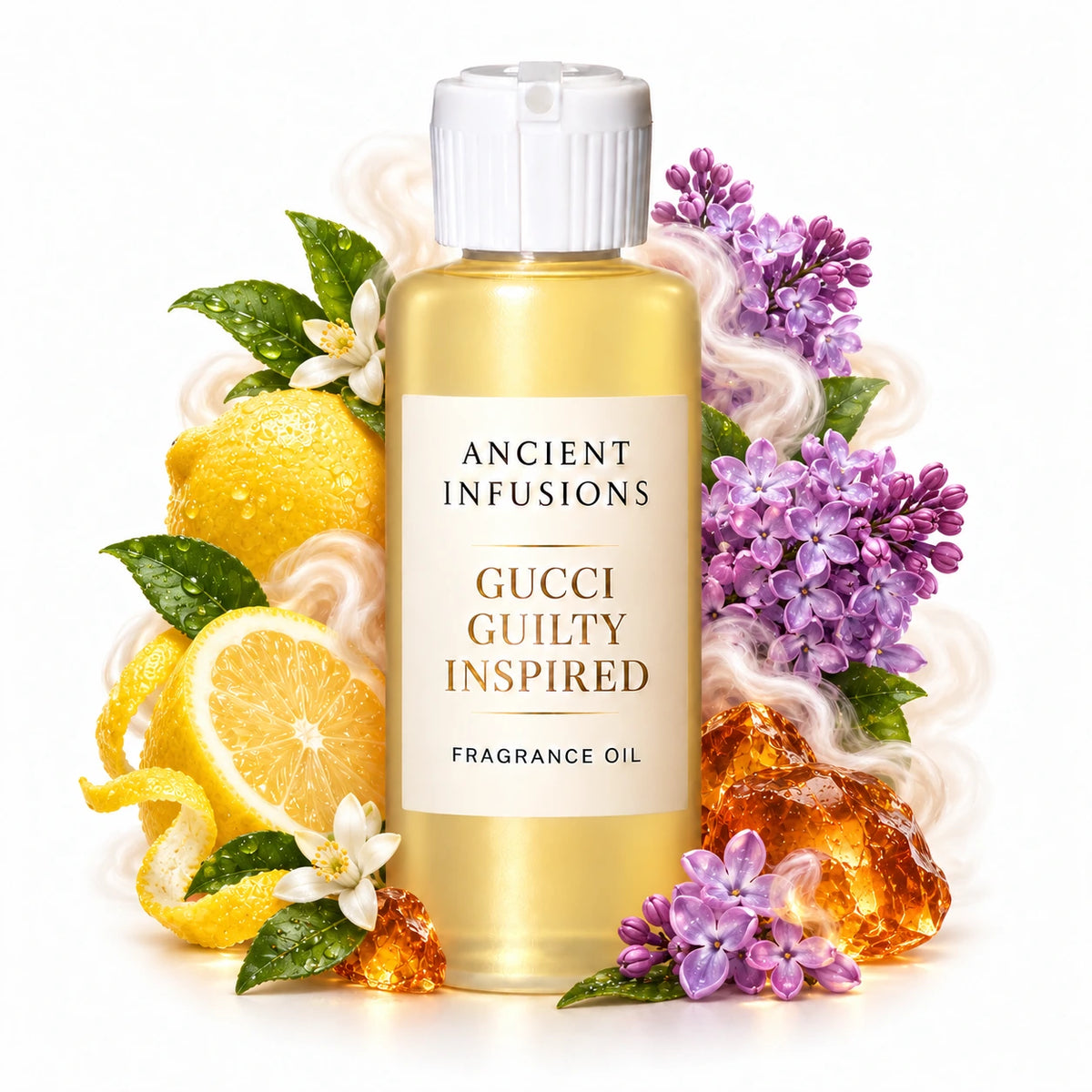 Gucci Guilty Inspired fragrance oil by Ancient Infusions, with pale yellow oil and a tight halo representing lemon, lilac, amber.