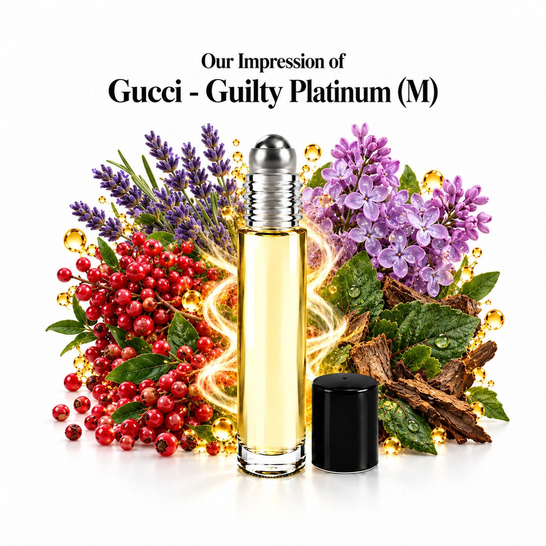 Gucci Guilty Platinum Perfume Oil roll-on with scent-note imagery
