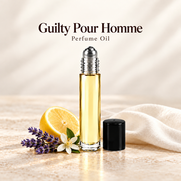Gucci Guilty Pour Homme Perfume Oil with simple scent note accents on soft ivory